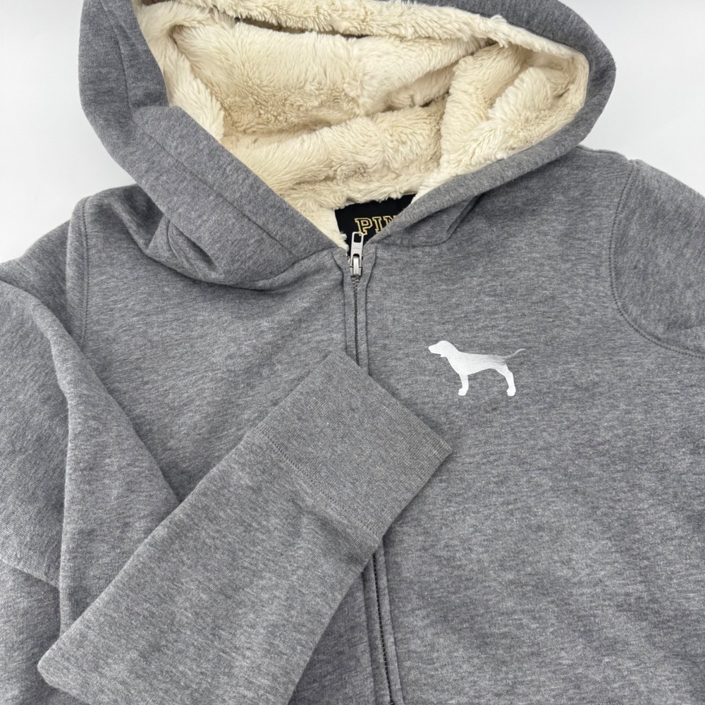 Victoria's Secret PINK Gray Faux Fur Lined Sequin Heart Zip Hoodie Small